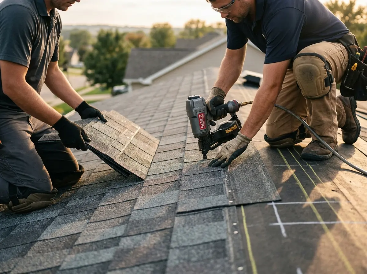Professional roofer working on a residential roof in East Rutherford